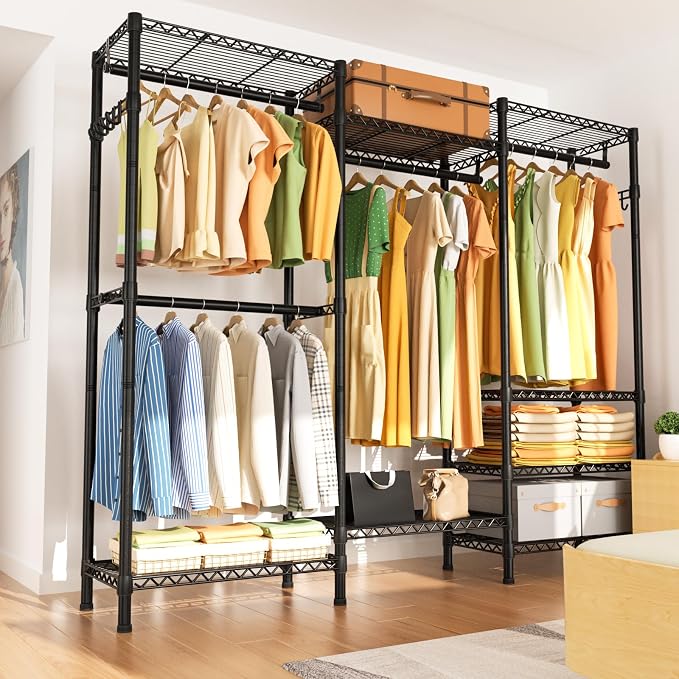 Golpart Heavy Duty Clothes Rack Metal Wardrobe with Adjustable Wire Shelves | Closet Organizers and Storage Clothing Rack Metal System Freestanding Hanging Clothes System Free Standing Garment Coat Racks