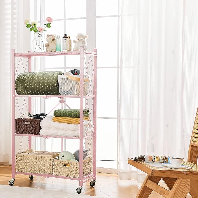 BRIAN & DANY 4-Tier Foldable Storage Shelves with Wheels, Folding Metal Rack Shelving Unit, Heavy Duty No Assembly Organizer Shelf for Garage, Kitchen, Basement, Pantry, Pink