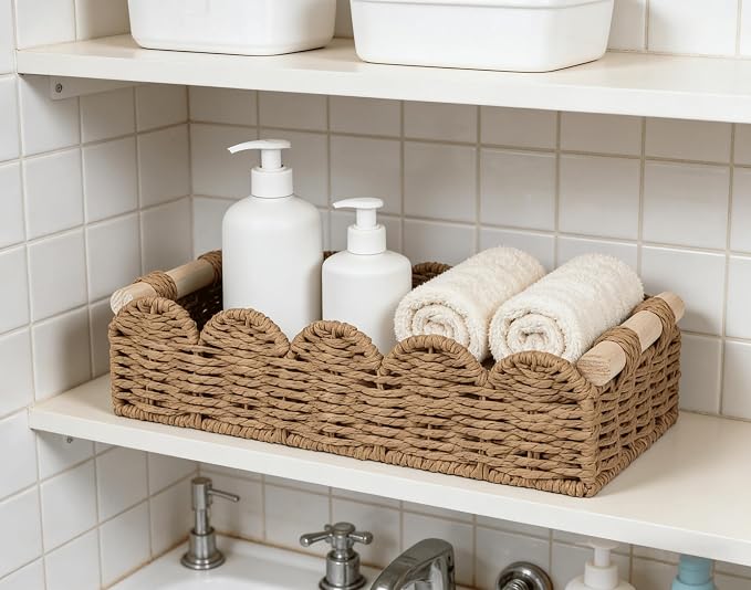 CubesLand Toilet Paper Storage Basket Organizer, Small Wicker Decor Basket | Toilet Tank Top Decorative Basket for Countertop, Handwoven Scalloped Basket W/Handle for Home Decor Living Room, Neutral