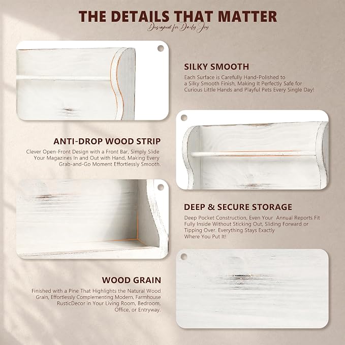 Pine Wood Mail Organizer Wall Mount with 7 Hooks for Home Decor, Whitewash | Mail Holder for Wall, Sunglasses and Wallets, Key Hanger, Farmhouse Magazine Holder, Wall Storage, Apartment Rustic Aesthetic