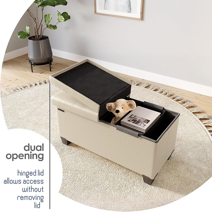 Storage Ottoman Bench with Bins, 30-in Storage Bench for Bedroom End of Bed, Folding Foot Rest Ottoman for Living Room Max 660lbs, Leather Ottomans, Beige