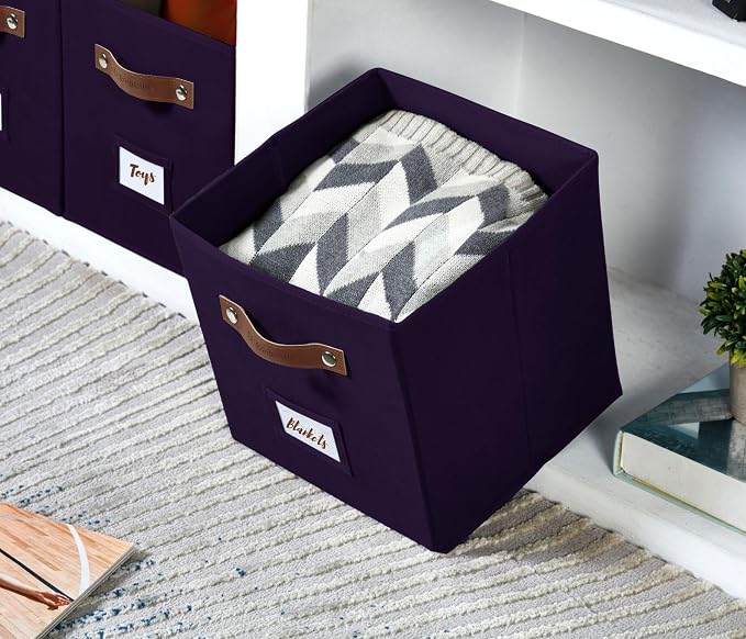 DECOMOMO Storage Bins, Storage Baskets for Shelves | 13" x 15" x 13" Storage Cube Bins with Labels for Organizing Shelves (Kallax, 4pcs, Deep Violet)