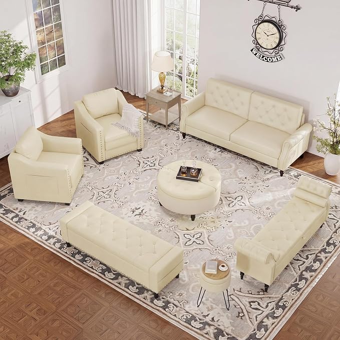 60" Storage Ottoman Bench, Faux Leather Upholstered Bed Bench with Tufted Buttons and Nailhead Trim, Large Ottoman with Storage for King Size End of Bed, Bedroom, Entryway, Hallway (Cream White)