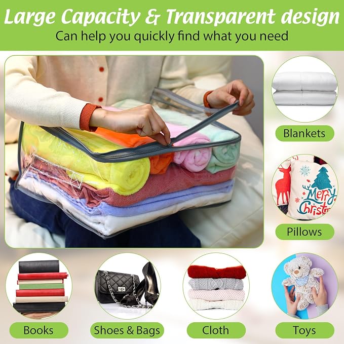 Windyun 16 Pack Clear Storage Bags with Zipper and Handle for Clothes Heavy Duty Plastic Blanket Clothes Moving Bags Cloth Bins for Blanket Comforter Clothing Toys (Grey Edge)