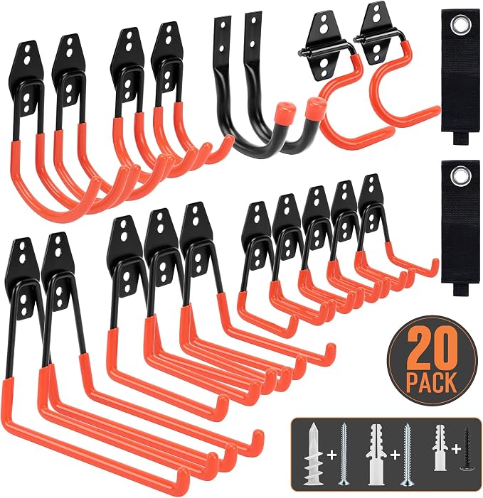 TONDA Garage Hooks, 20 Pack Garage Organization, Wall Storage Hooks Heavy Duty for Hanging Bike, Ladder, Garden Tools, Hose and Ropes, Orange