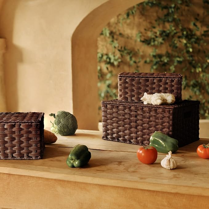 Granny Says Wicker Baskets with Lids, Decorative Storage Boxes With Lids | Woven Baskets With Lids, Wicker Baskets For Storage, Decorative Storage Boxes, Woven Stackable Basket with Lid for Organizing