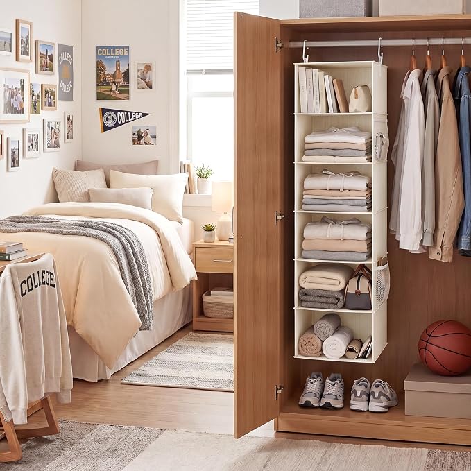 StorageWorks 6-Shelf Hanging Closet Organizer, Hanging Shelves for Closet, Fabric, Mixing of Beige, White & Ivory, 12" D x 12" W x 47 1⁄2" H