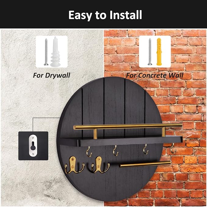 Nekon Wall Mount Key Holder, 11.8 Inch Rack With Shelf and 6 Hooks, Rustic Mail Organizer, Circular Wooden Hanger for Entryway Hallway Kitchen (Black&Gold)