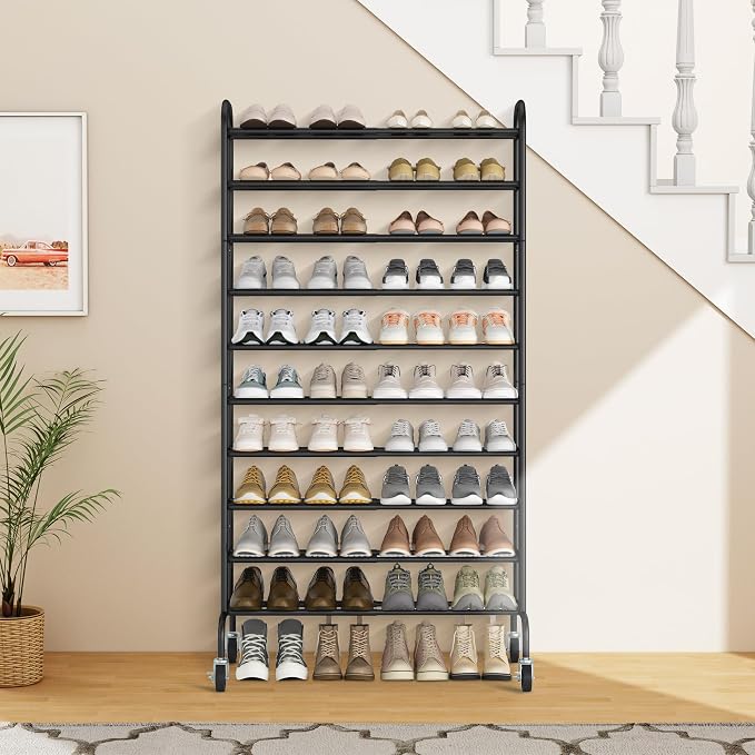 STORAGE MANIAC 10-Tier Expandable Shoe Rack, 44 Pairs Tall Vertical Shoe Rack, Heavy-Duty Metal Adjustable Shoes Organizer for Closet, Entryway, Hallway, Garage, Front Door, Shoes Shelves, Black