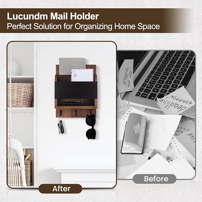 Key and Mail Holder for Wall, Key Holder with Chalkboard and Long Storage Box, Key Hanger with 3 Sturdy Hooks for Coat, Dog Leash, Entryway Mail Organizer (Brown)