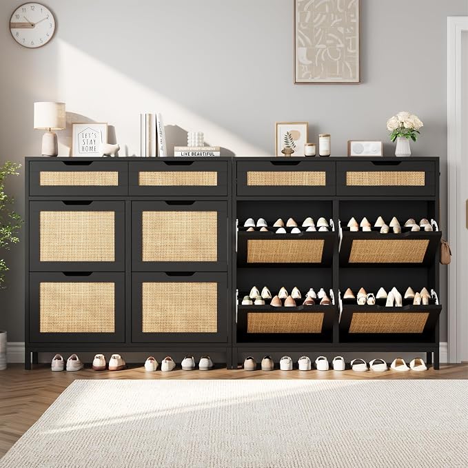 Jocoevol Rattan Shoe Cabinet for Entryway, Boho Shoe Storage Cabinet with 4 Flip Drawers and 2 Drawers, Narrow Freestanding Shoe Rack with Metal Legs for Entryway/Hallway/Foyer (Black)