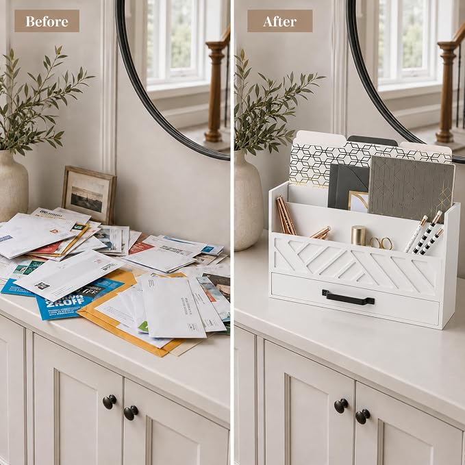 BLU MONACO | Wooden Mail Organizer with Drawer | Mail Organizer Countertop with 6 Compartments | Bill Holder for Desk | White Desktop Mail Sorter