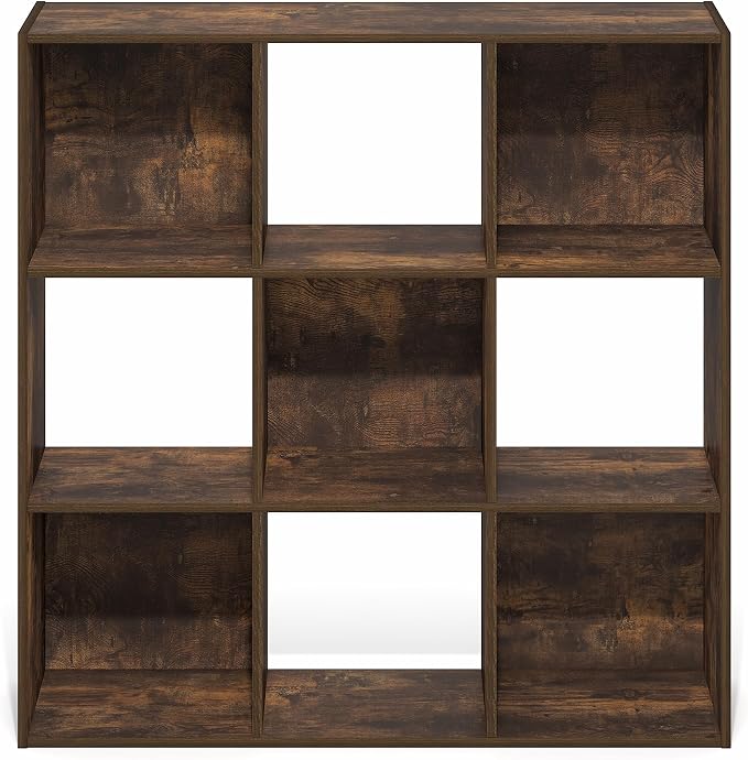 Furinno PELLI Book Shelf, 9-Cube Bookshelf, 3x3 Cube Storage Organizer Bookcase, 11.7 x 35.3 x 35.4, for Organization and Storage, for Living Room, Bedroom, Home Office, Amber Pine