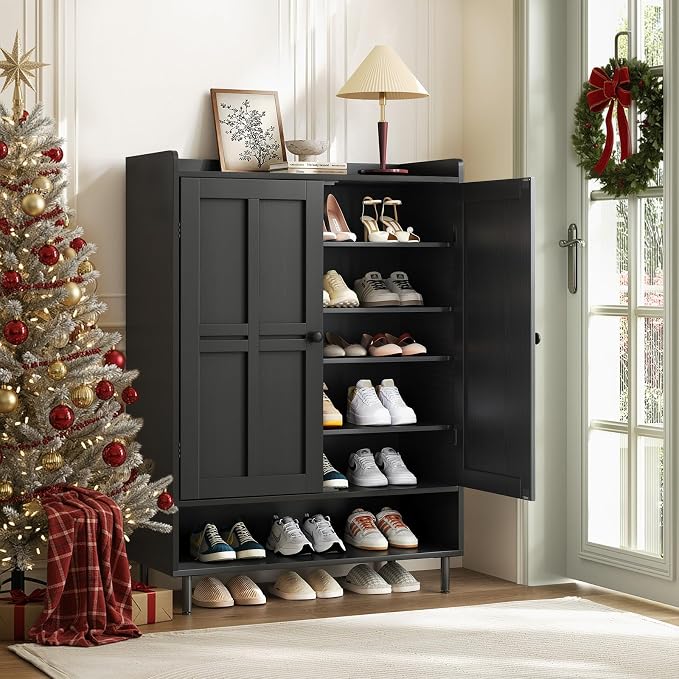 ComfyCorner Black 7+1 Tier Farmhouse Shoe Storage Cabinet - 45" Tall Entryway Organizer with Cross Molding Doors, 3 Adjustable Shelves & Metal Legs, Shoe Rack for Front Door Entrance