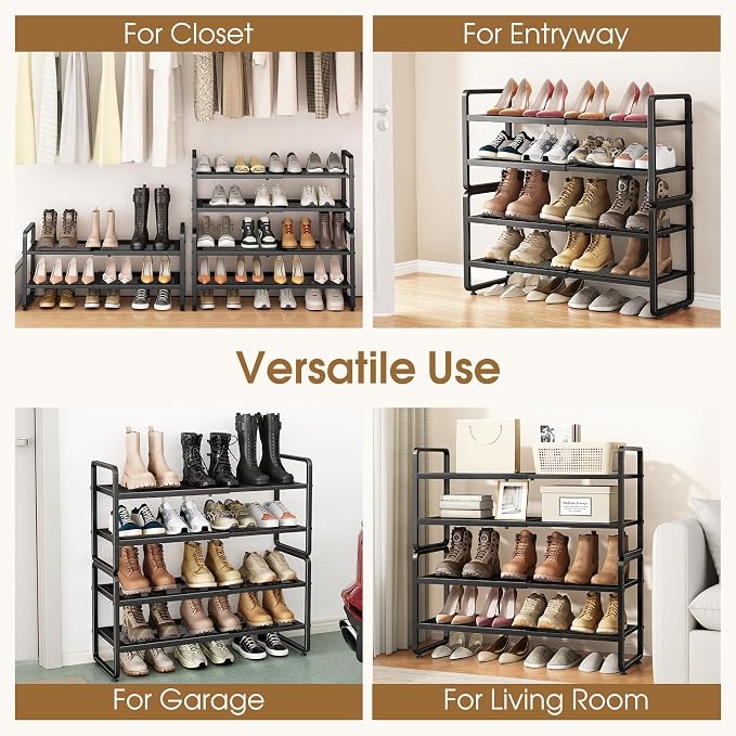 SAYZH Expandable Shoe Rack for Closet, Adjustable Metal Shoe Organizer with Sturdy Mesh Shelves for Boots & Heels, Stackable Shoe Storage for Entryway, Garage, Small Spaces (Black, 4-Tier)