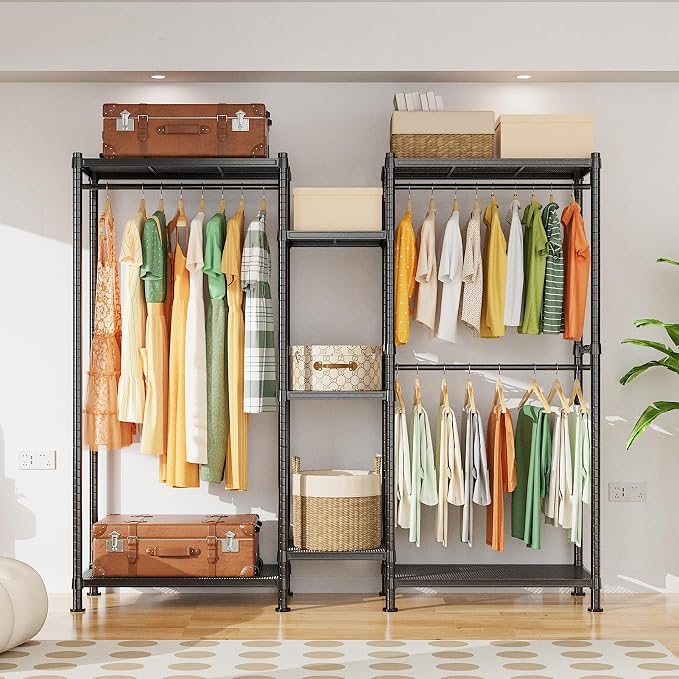 LEHOM G6 Clothes Rack, Heavy Duty Freestanding Garment Rack with Shelves | Metal Clothing Closet Wardrobe Storage System for Hanging Clothes (7 Shelves), 76.8"D x 17.7"W x 74.4"H, Hold 800 lbs, Black
