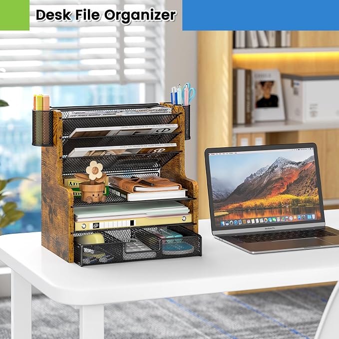 DAOUTIME 6-Tier Mesh Desk Organizer with Drawer, Wooden Office Organizer for Papers, Folders & Office Supplies - Sturdy Desktop File Holder with 2 Pen Holders - Space Saving Home Office Accessories