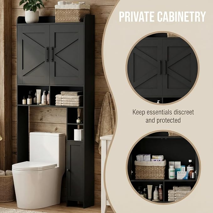 Homhedy Wooden Over The Toilet Storage Cabinet with Barn Door | Freestanding Bathroom Storage, Toilet Paper Holder, Adjustable Shelf,Space-Saving, Farmhouse Style, Black