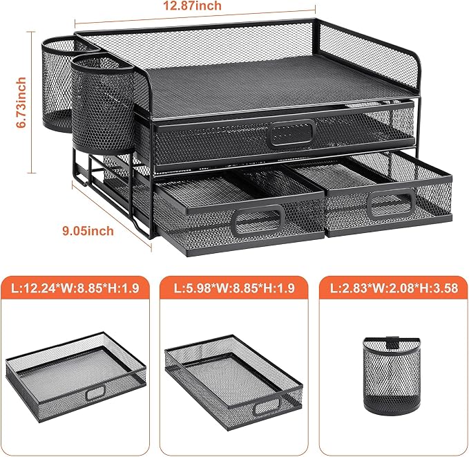 Marbrasse 3 Tier Desk Organizer with Drawer and 2 Pen Holder, Black | Paper Tray Organizer, File Holder for Desk, Metal Mesh Office Organization for Home Office Supplies