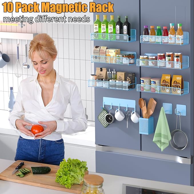 Magnetic Spice Rack for Refrigerator, 10 Pack Metal Magnetic Shelf, Moveable Spice Organizer with Hook Rack, Paper Towel Holder, Kitchenware Holder, Strong Magnetic Storage Fridge Organizer Blue