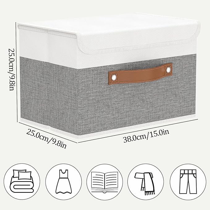 OUTBROS Collapsible Storage Boxes, 15x9.8x9.8 inch (White/Grey, 1-Pack) | Storage Cubes with Lid, Linen Fabric Wardrobe Baskets, Large Box For Towels, Clothes