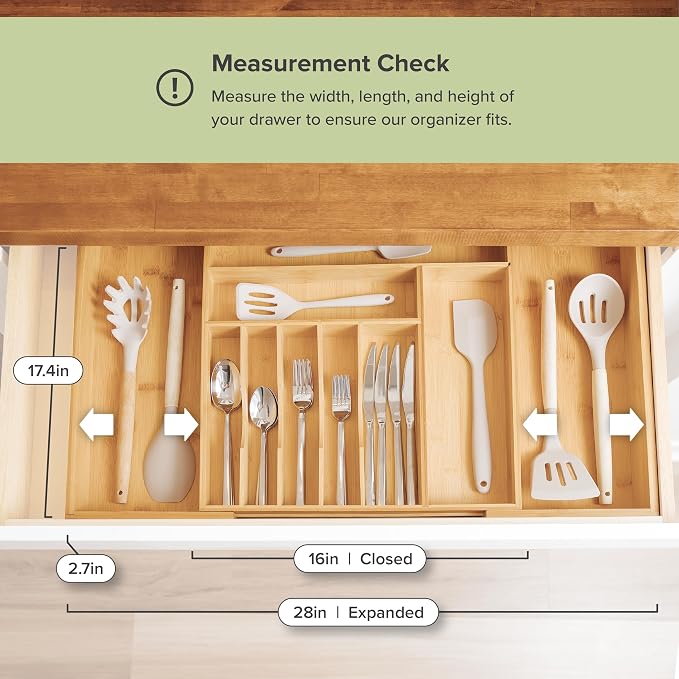 KitchenEdge Silverware & Utensil Drawer Organizer, 16-28 in, Bamboo | Cutlery, flatware, food-safe contract grade, kitchen drawer fit