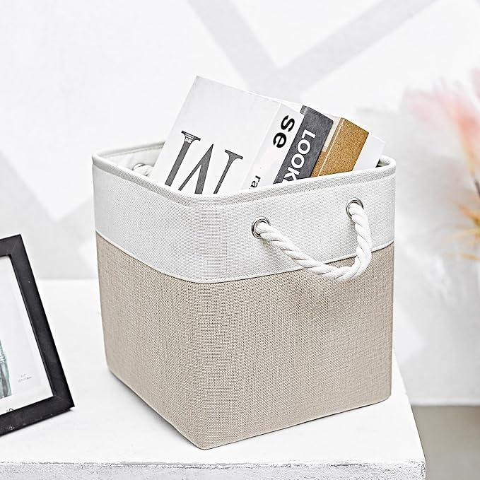 Cube Storage Bins, Collapsible Fabric Storage Cubes Bins, 11 Inch Cube Storage Bins with Handles, Foldable Storage Cubes (White/Beige, 6Pack)