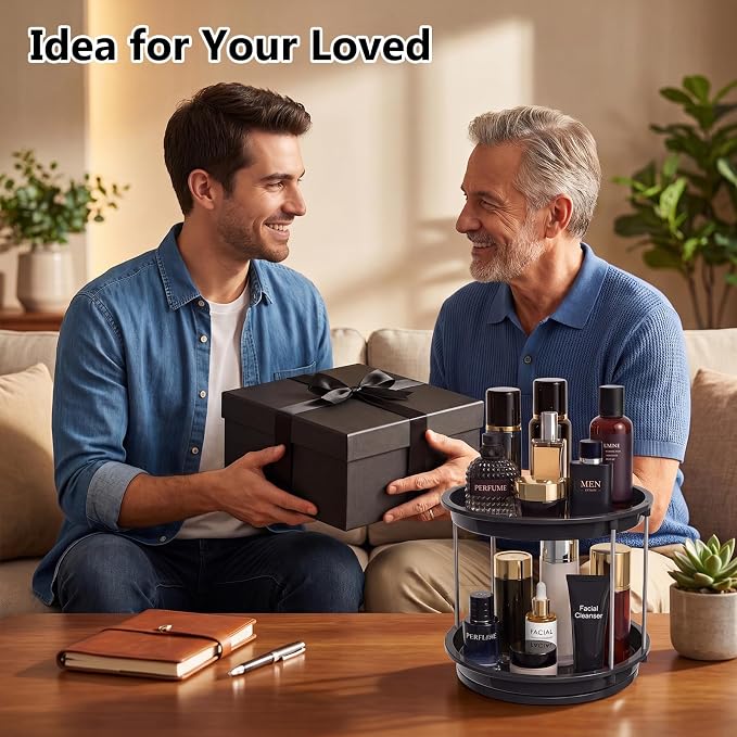 360 Rotating Makeup Organizer for Vanity, 2 Tier Cologne Organizer for Men, Skincare & Perfume Holder for Bathroom Counter, Dresser, Shelf, Cabinet, Black