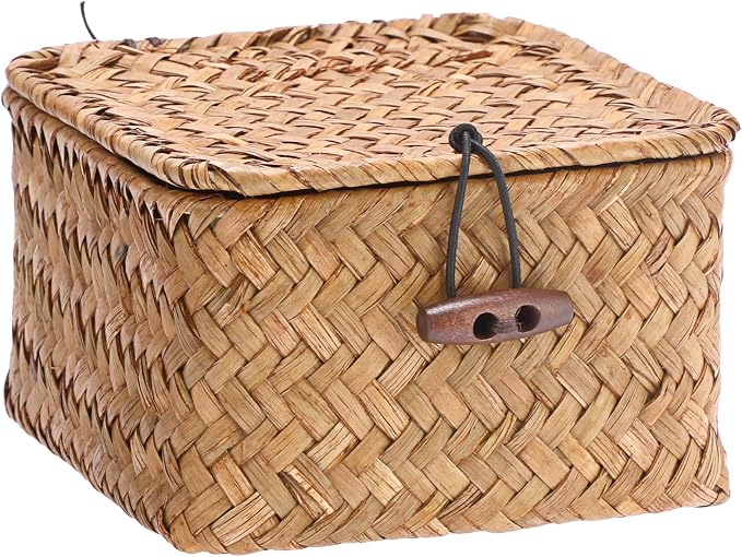 Hipiwe Handwoven Seagrass Basket Decorative Shelf Basket with Lid Mini Square Wicker Storage Box, Caramel Color, 4.7" x 4.7" x 3"