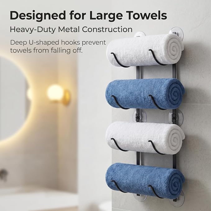 4-Tier Bathroom Rolled Towel Rack Wall Mounted Towel Storage Holder, Adhesive & Drill Hanging Organizer for Towels, Blankets, Large Bath Sheets, Space Saving in RV, Apartment Friendly