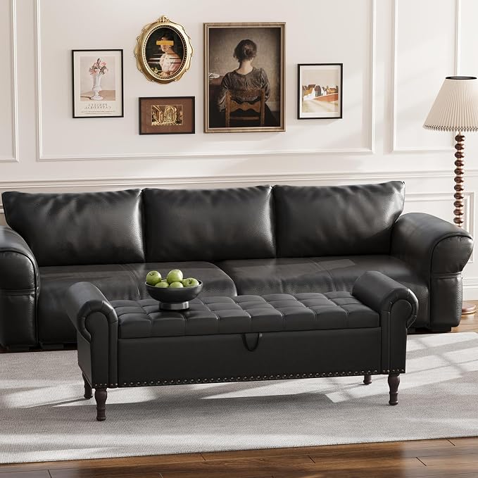 Apicizon 60” Bench with Storage, Queen Size Faux Leather End of Bed Bench with Tufted Button, Ottoman Bench with Rolled Arms & Vintage Rivets for Foot of Bed, Living Room, Entrance, Black