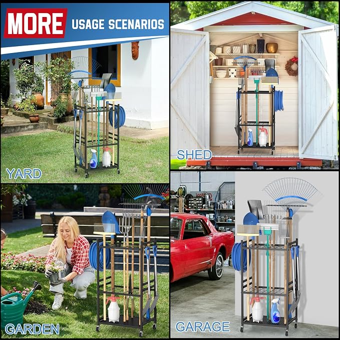 DAOUTIME Garden Organizer With Wheels, Yard Tower Rack for Garage Storage, Up to 35 Long-Handled Tools, Sturdy Metal Steel Holder With 3 Hooks, Outdoor, Black