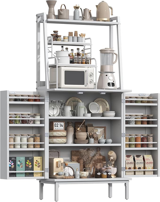 kepptory 51" Kitchen Baker's Rack with Storage, Microwave & Toaster Oven Stand, Freestanding Coffee Bar Station with Wine Glass Holder & Side Storage Shelves, White
