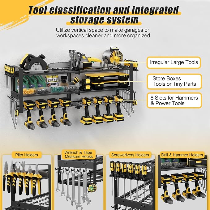 Power Tool Organizer Wall Mount, 350LBS Capacity, 3 Tier, 8 Drill Holders | 3-Tube Reinforced Design, Holds 50+ Tools, Cordless Tool Organizer, Rust Resistant, Quick Assembly, Garage Gift for Men