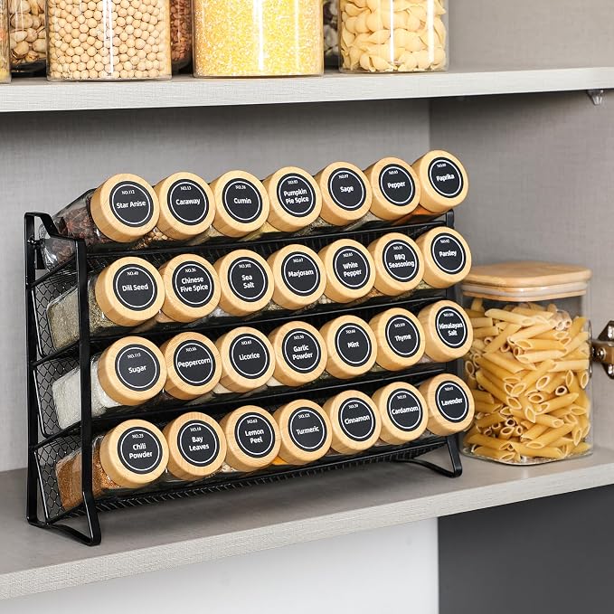 AOZITA Spice Rack Organizer for Cabinet, 28 Empty Spice Jars with Bamboo lids, Funnel, Spice Labels, Seasoning Organizer for Countertop, Cabinet, Kitchen, Pantry, Cupboard