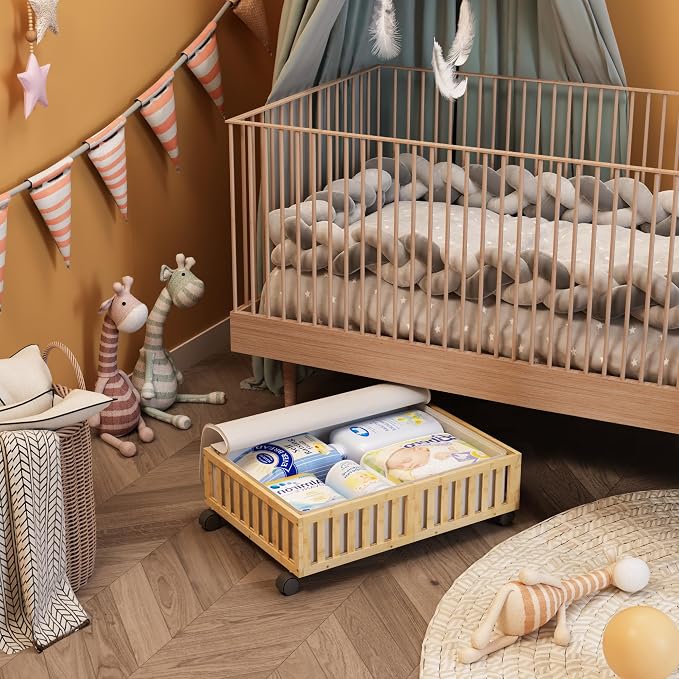 MHXW SXPN 2 Pack Bamboo Under Bed Storage Containers with Wheels, Nature | Underbed Drawer Storage with Bag, Wood Rolling Underbed Organizer for Shoes, Sheets Clothes Blanket Comforter, Under Crib Toy