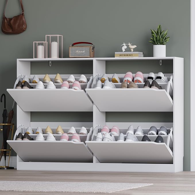 BORNOON Shoe Cabinet with 4 Flip Drawers, Narrow Hidden Shoe Storage Cabinet, Slim Freestanding Shoe Rack Organizer for Entryway, Hallway, Bedroom, Living Room
