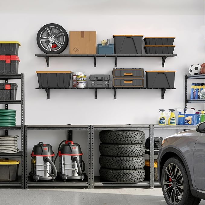 Jusgym 4 Pack Garage Shelving Wall Mounted, 1.5x4ft, 1400LB Heavy Load | Wall Mounted Floating Design, 18"x96" Storage Rack, No Splice Seamless Structure, Rustproof Black Coating for Garage Workshop