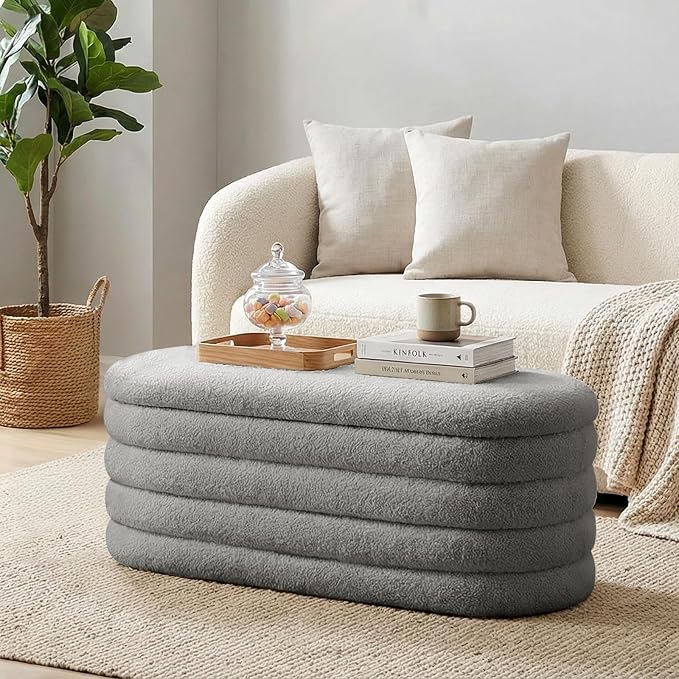 Storage Ottoman Bench, 45'' Upholstered Boucle Ottoman with Storage, Aesthetic Bedroom Bench for Living Room Entryway, Grey