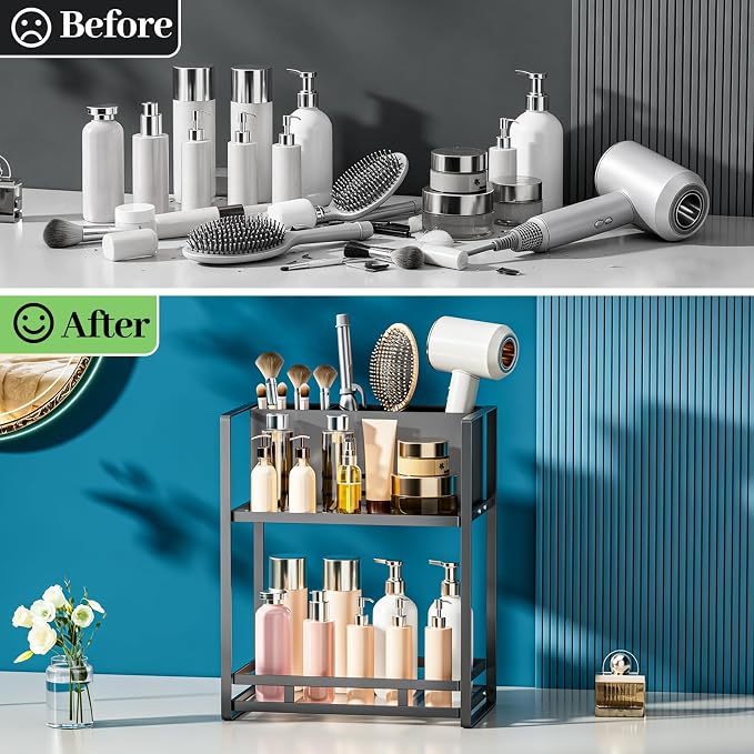 Bathroom Counter Organizer, Metal Vanity Shelf with Hair Dryer Holder | 2-Tier Hair Tool Organizer, Large Capacity Space-Saving, For Perfume,Skincare & Makeup Storage, Black