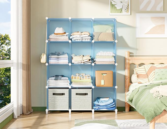 HOMIDEC Closet Organizers and Storage, 12 Cube Storage Organizer, Blue | Portable Closet Shelves Clothing Storage Closet Organization for Kids, Closet, Bedroom, Bathroom, Office