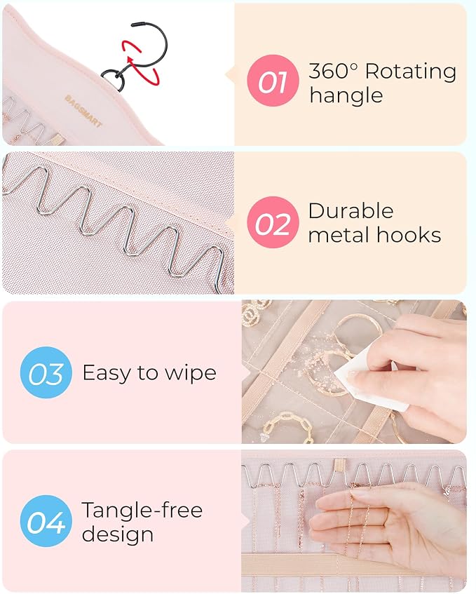 BAGSMART Hanging Jewelry Organizer Storage with Hanger Metal Hooks Double-Sided Jewelry Holder for Earrings, Necklaces, Rings on Closet, Wall, Door, 1 piece Large Pink
