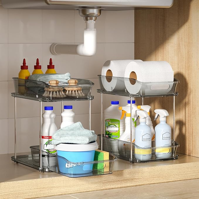 Delamu 2-Tier Under Sink Organizers and Storage, Multi-Purpose Stackable Bathroom Cabinet organizers, Pull Out Kitchen Pantry Organization and Storage with Dividers(3 Pack, Grey)