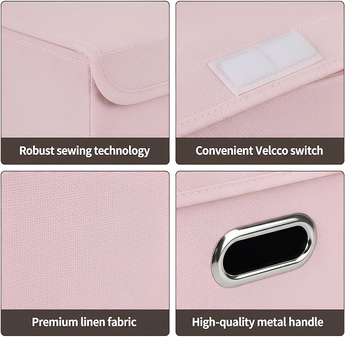 STOREONE Fabric Storage Cube Bins Foldable Organizer Container Collapsible Basket with Lids and Metal Handles, for Home, Bedroom, Closet 3 Pcs (multicolour-light pink)