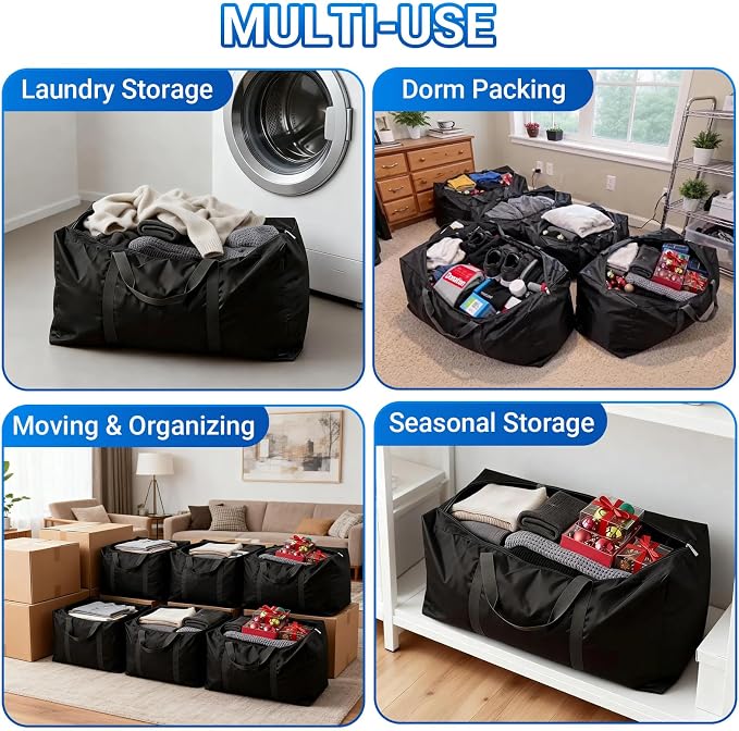 Extra Large Moving Bags, 4 Pack Blue Oversized Storage Totes with Strong Zipper & Reinforced Full Loop Handles, Collapsible Storage Bags for Space Saving, for King/Queen Comforter, Blankets & Clothes