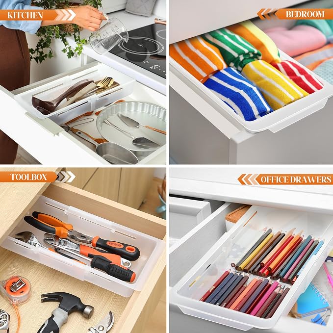 2 Pack Adjustable Deep Drawer Organizer Storage Bin(12.4" to 18”) | Expandable Drawer Storage, Adjustable Size, Kitchen Cabinet Organization