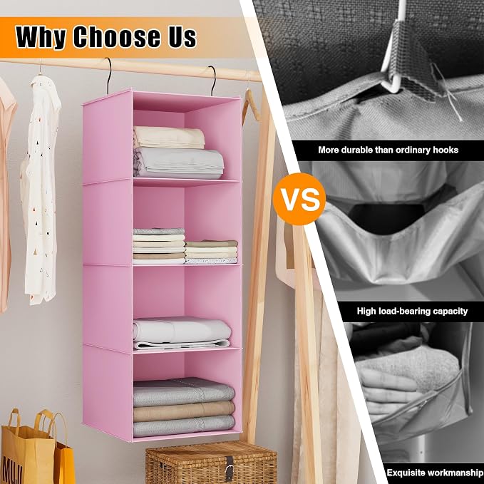 Hanging Closet Organizer 4-Shelf, Oxford Fabric Wardrobe Storage, Pink | Easy-mount foldable design holds clothes, handbags, shoes & accessories; washable Oxford fabric, sturdy and space-saving.