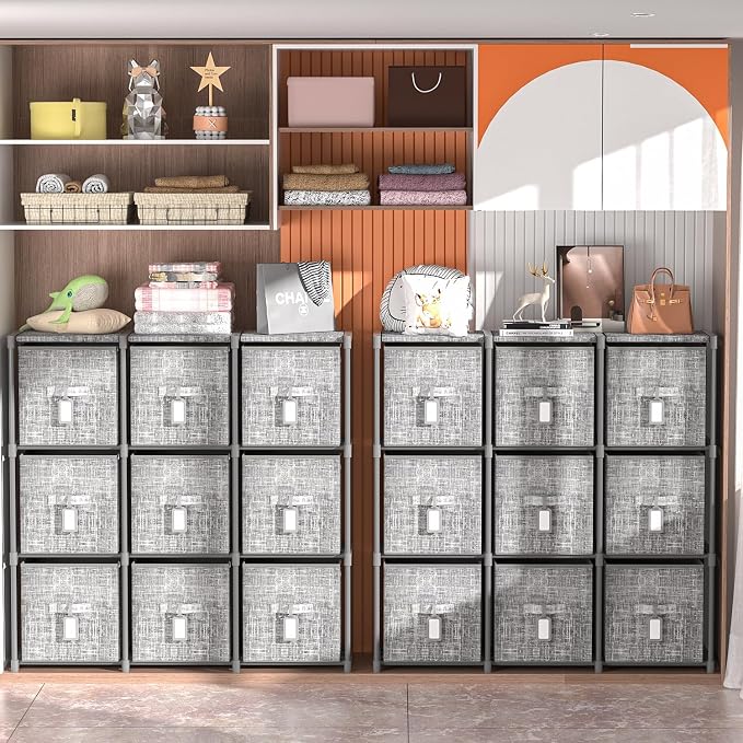 9 Cube Closet Organizer + 9 Bins + Labels | Adjustable Modular Storage Shelf, Beautiful Printed Cubby Organizer, Large Capacity, Living Room, Dorm, Yarn