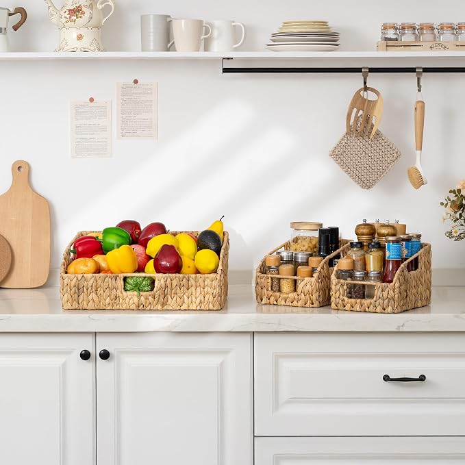 StorageWorks Water Hyacinth Basket Organizer,Pantry Storage Baskets,3-Pack | Wicker Baskets with Handles,Handwoven Shelf Baskets for Organizing,Handwoven Pantry Organizers and Storage,Pantry Baskets
