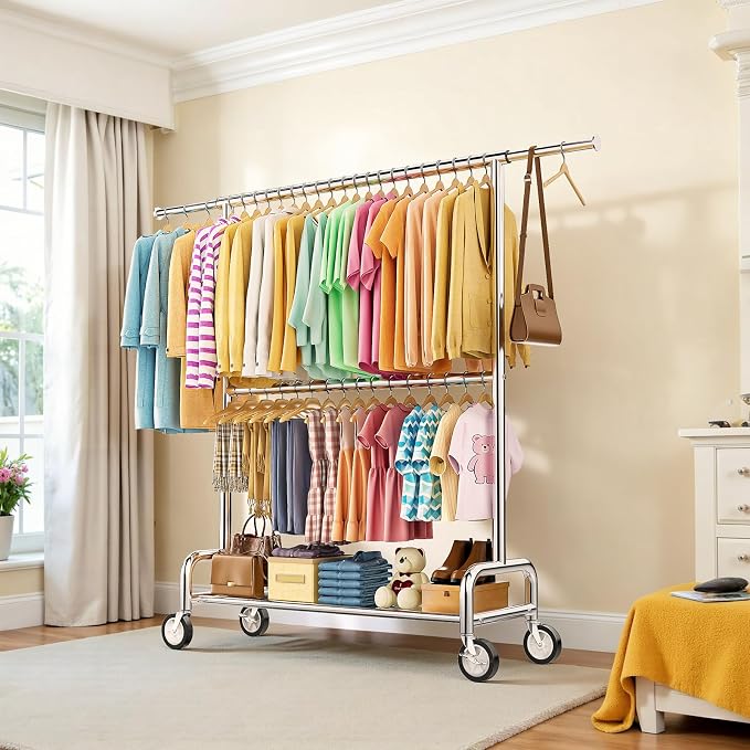 Heavy Duty Clothes Rack Load 860LBS, Double Rods Rolling Clothing Racks for Hanging Clothes, Rolling Garment Rack With Sturdy Wheels Shelves, Portable & Adjustable Commercial Garment Rack, Silver